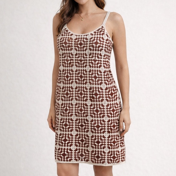 Willow & Wind Dresses & Skirts - Willow & Wind Granny Square Crochet Mini Dress Medium Boho Festival Brown White